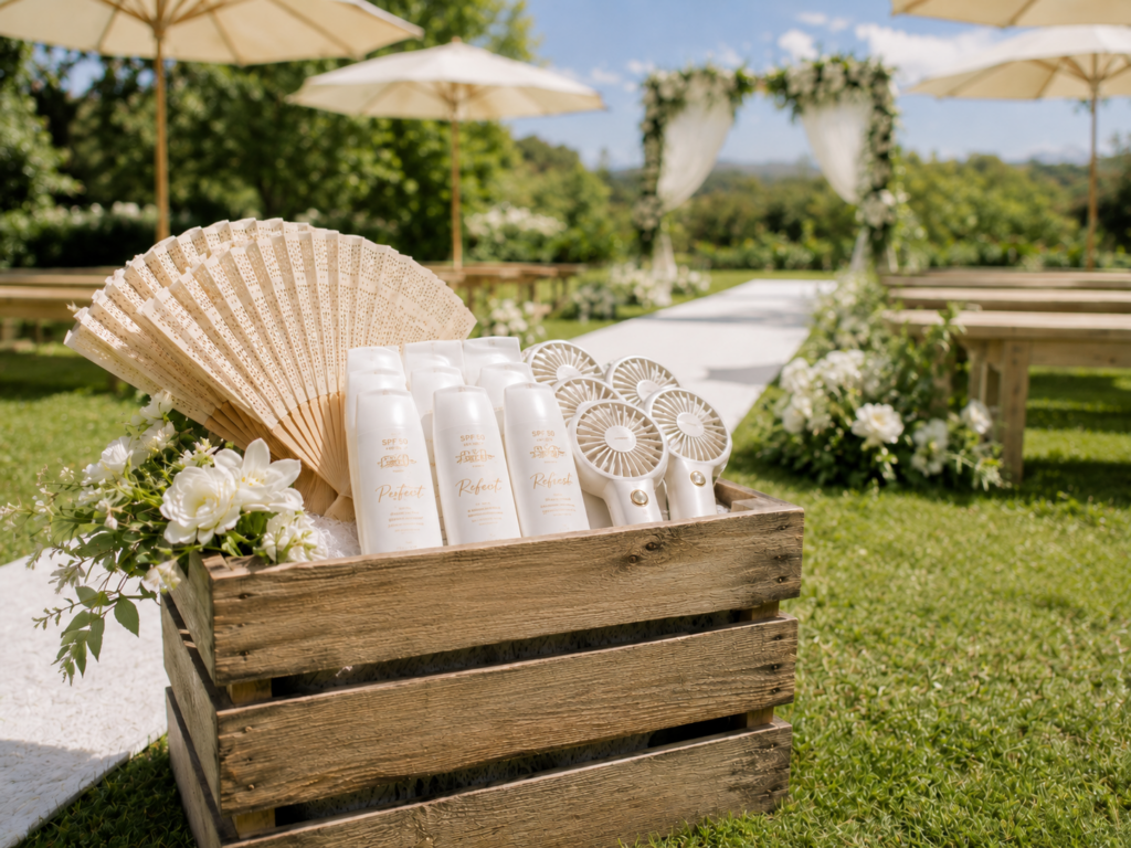 Box mit Fächern, Sonnencreme und kleinen Ventilatoren steht am Trauplatz in der Sonne.